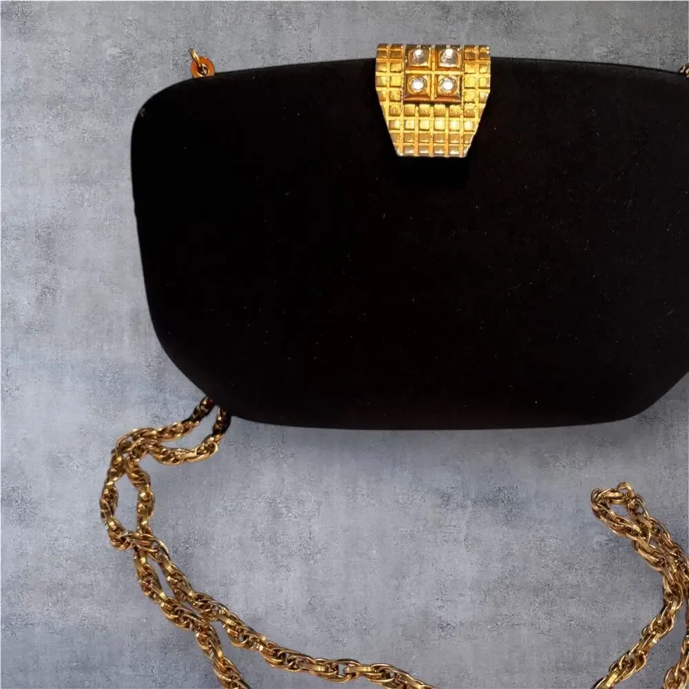 RODO Italy Satin Black Hard Shell Gold Chain Handbag Clutch Rhinestone Clasp EUC